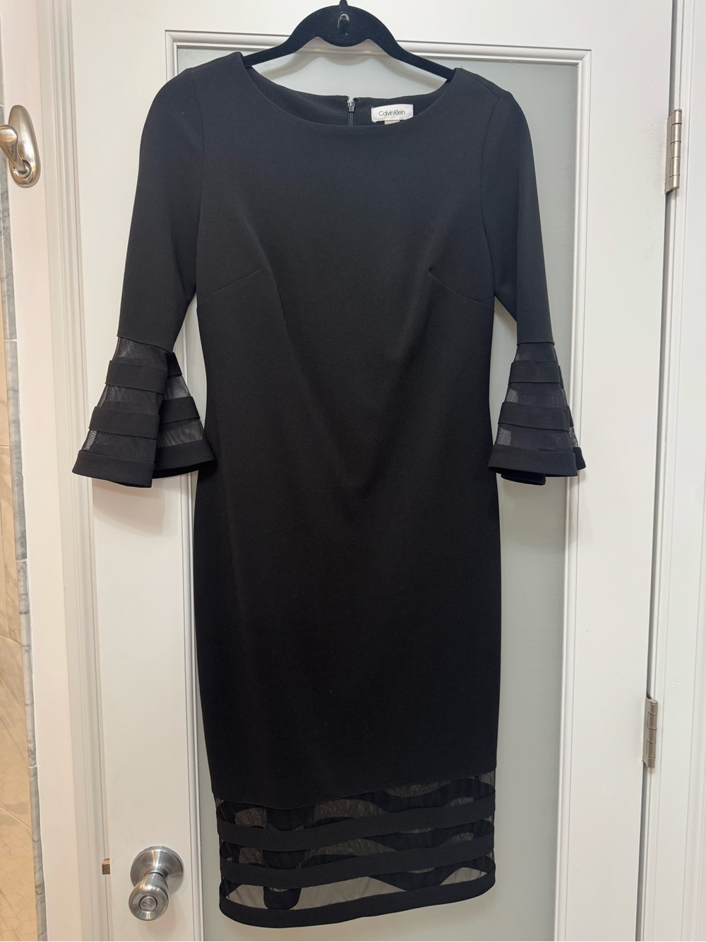 Calvin Klein Black Midi Sheath Dress with Tiered Bell Sleeves